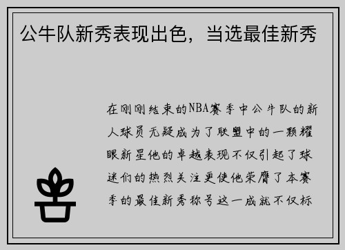 公牛队新秀表现出色，当选最佳新秀