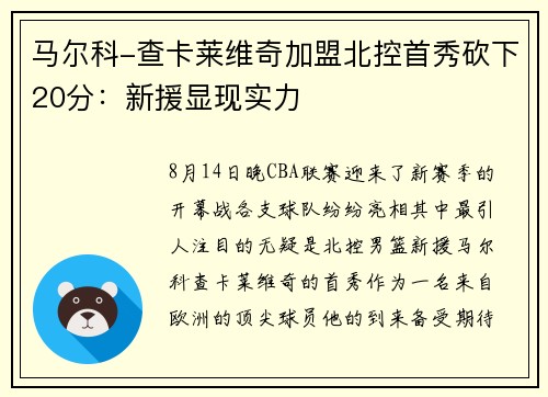 马尔科-查卡莱维奇加盟北控首秀砍下20分：新援显现实力